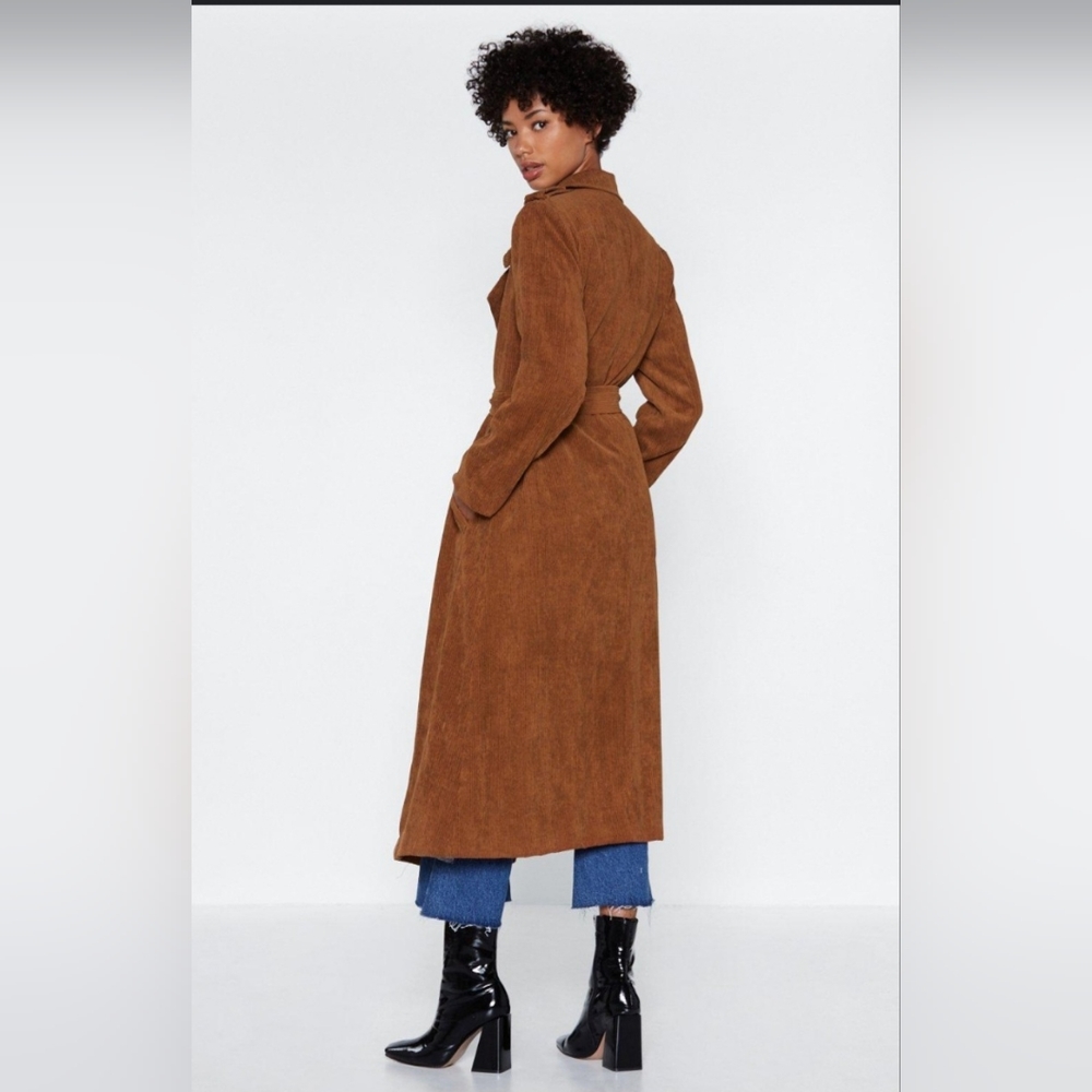 NEWPORT NEWS Corduroy Long Trench Brown Coat Women's Leopard Print Belted